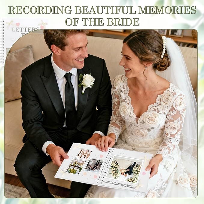 Alynsehom 8 x 8 Inch Letters to The Bride Scrapbook Kits Wedding Memory Book with DIY White Scrapbook Photo Album Blank Paper Bows Pearl Stickers Metallic Letters Heart Sticker Round Dot Stickers