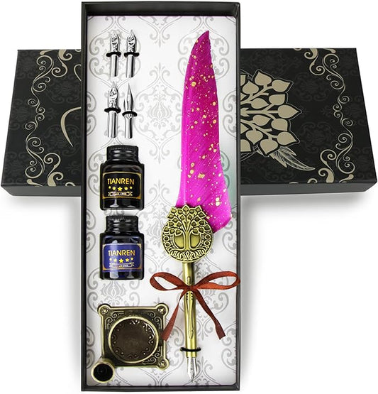 TIANREN Feather Pen and Ink Set,quill pen ink set,Antique Calligraphy Pen with 4 Replaceable Nibs,2 Bottle of ink,Pen Holder Christmas Gift for Men&Women.(Purple)