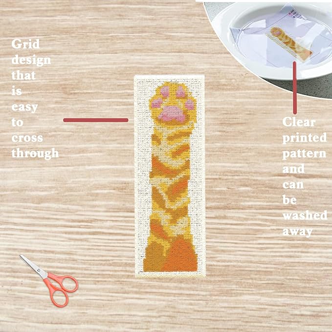 FREEBLOSS 6 Set Embroidery Bookmarks Cute Cat Paws Patterned Cross Stitch Bookmark Kit with Instruction Embroidery Kit for Adults Beginners 8''x2.4''