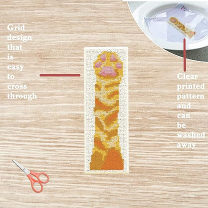 FREEBLOSS 6 Set Embroidery Bookmarks Cute Cat Paws Patterned Cross Stitch Bookmark Kit with Instruction Embroidery Kit for Adults Beginners 8''x2.4''