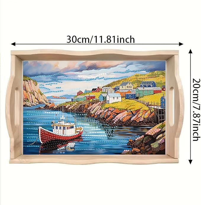 DoxQcs DIY Diamond Art Wooden Tray Kit Easter Food Tray with Handle Diamond Painted Table Decoration Tray for Breakfast Bar Dinner Table Diamond Art Painting for Beginners-#17-Seaside Village