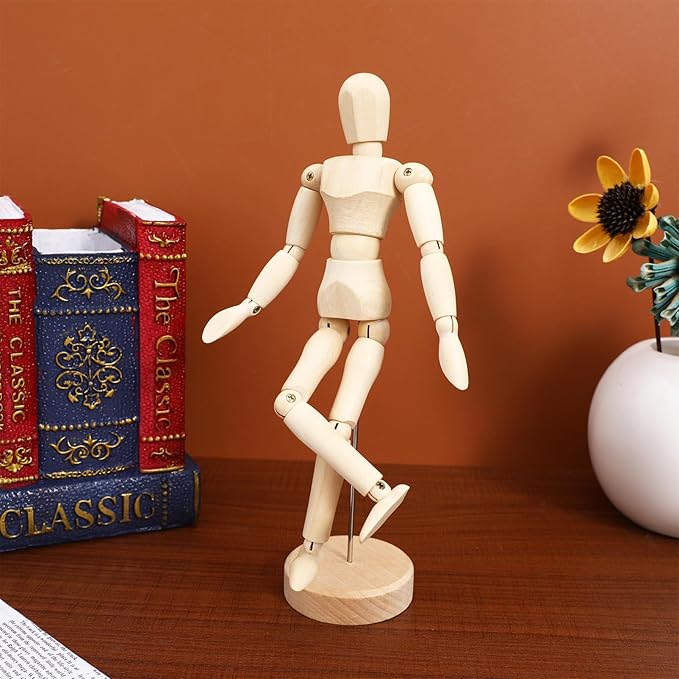 KALLORY Artists Wooden Manikin Flexible Body Joints Human Figure Puppet Model Wood Male Mannequin Doll Ornament Stand for Home Office Desk Decoration Sketching Drawing Painting Supplies