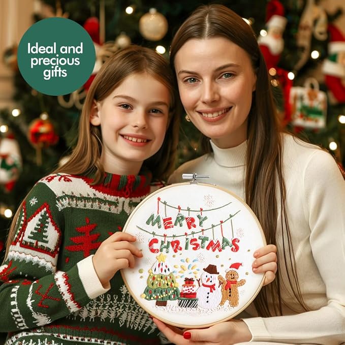 Christmas Embroidery Kits: 1 Pack Cross Stitch Kit for Beginners Adults, DIY Ornaments Craft Kit with All Tools & Instructions, Stamped Hand Embroidery Starter Kit for Holiday Crafts & Xmas Home Decor