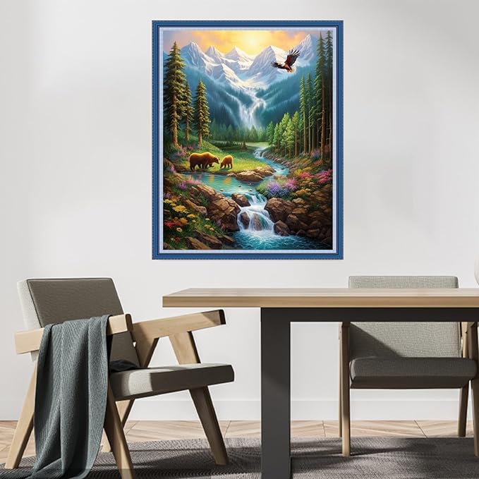 DMCVIVR Stamped Cross Stitch Kits for Beginners Adults Needlepoint Kits for Beginners Embroidery Kits for Adults Crossstitch Kit for Beginners 11CT-Mountain River Waterfall 16x20 inchs