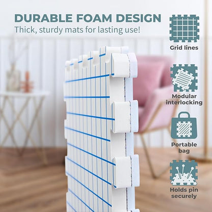 KnitIQ Pack of 9 Blocking Mats for Knitting and Crocheting - Extra Thick Blocking Boards for Crochet Projects - Block Mats for Knitting with Circular Gridlines, 150 T-Pins, and Storage Bag