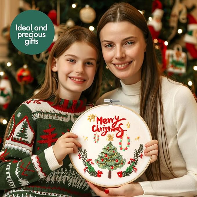 Christmas Embroidery Kits: 1 Pack Cross Stitch Kit for Beginners Adults, DIY Ornaments Craft Kit with All Tools & Instructions, Stamped Hand Embroidery Starter Kit for Holiday Crafts & Xmas Home Decor