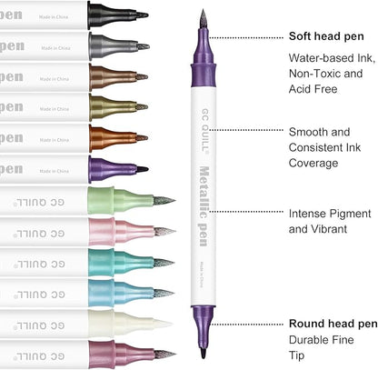 GC QUILL 12 Colors Metallic Marker Pens - Dual Tip Brush and Fine Point Pens for DIY Album, Black Cards, Scrapbooking, Craft Supplies, on Ceramic, Stone, Glass, Fabric GC-MP12