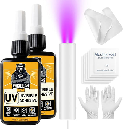 PHIXBEAR Invisible Repair UV Resin Kit with Light, Strong Bond - Clear Anti-Yellowing UV Glue, Epoxy Resin for Jewelry, Crafts, and Repairing Plastic, Glass & Acrylic 2×60g