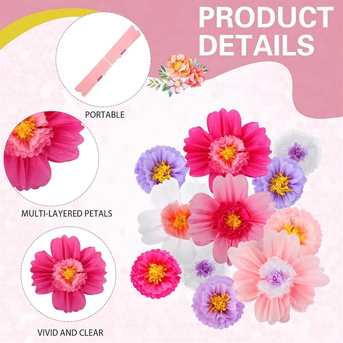 Crowye 12 Pcs Large Colorful Tissue Paper Flowers Decorations 20" Giant Fiesta Craft Crepe Paper Flowers for Wall Decor Backdrop Mexican Wedding Birthday Carnival Party (Bright Color)