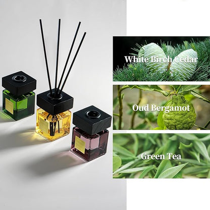 Aeeteek Reed Diffuser Set of 3, White Birch Cedar & Oud Bergamot & Green Tea Tree Essential Oil, 15 Diffuser Sticks, Hotel Collection Bathroom Air Fresheners, 50ml Home Fragrance for Christmas Decor