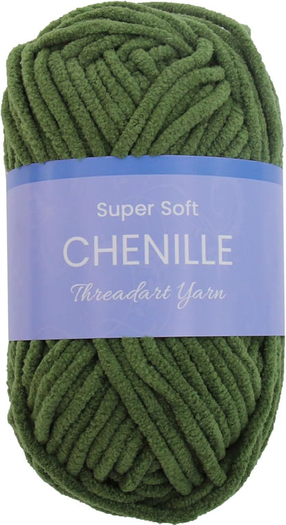 ThreadArt Chenille Yarn for Crocheting, Knitting, Amigurumi, Super Soft Plush Velvet Yarn - 50 Gram 60 yds #5 Fluffy Yarn Skeins - Moss Green 24