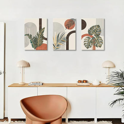 3 Pcs Boho Beige Canvas Wall Art Aesthetic Green Botanical Wall Pictures Minimalist Geometric Line Plants Leaf Art Prints Painting Home Decor for Bedroom Living Room Office Ready To Hang 16"x24"x3Pcs
