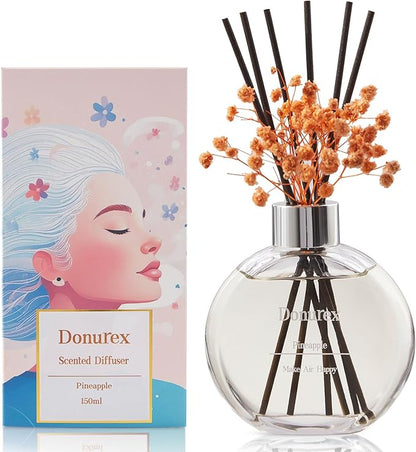 Donurex Flower Reed Diffuser Set 5.07oz Pineapple Scent Diffuser with Sticks Home Fragrance Reed Diffuser for Bathroom Shelf Decor