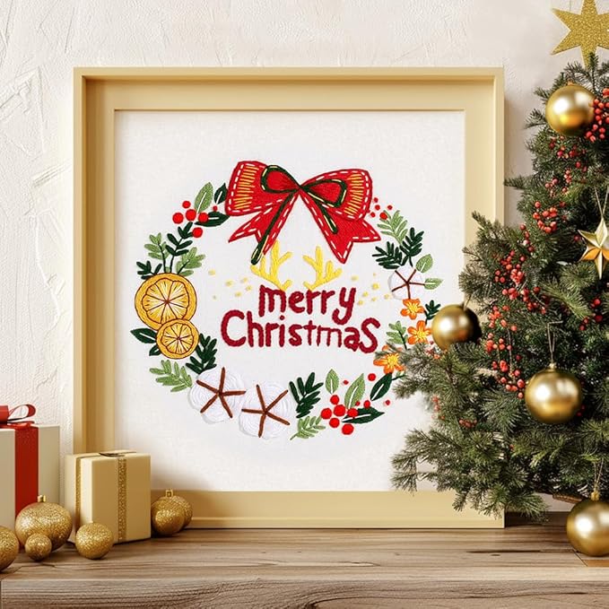 Christmas Embroidery Kits: 1 Pack Cross Stitch Kit for Beginners Adults, DIY Ornaments Craft Kit with All Tools & Instructions, Stamped Hand Embroidery Starter Kit for Holiday Crafts & Xmas Home Decor