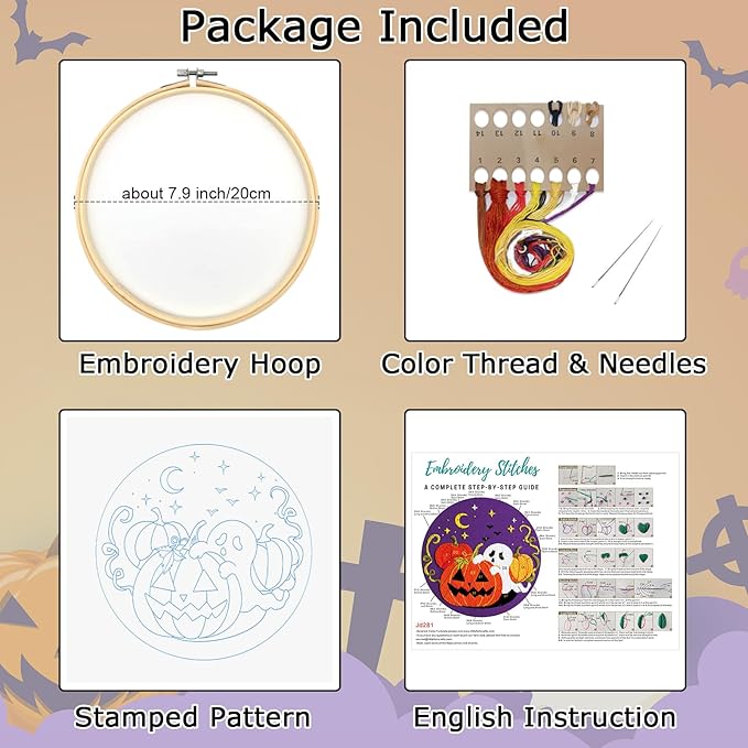Nuberlic Halloween Embroidery Kits for Beginners Ghost Pumpkin DIY Cross Stitch Starter Craft Kits for Adults Including Cloth with Pattern Hoop Needles Instruction and Threads