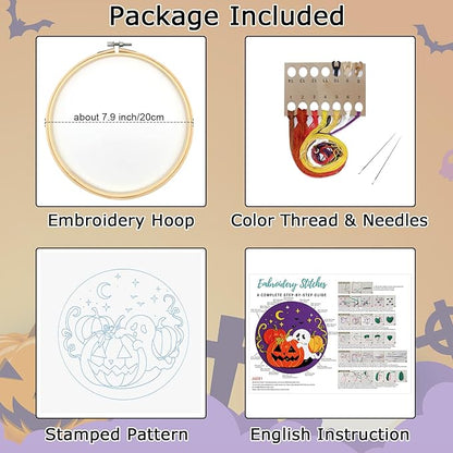 Nuberlic Halloween Embroidery Kits for Beginners Ghost Pumpkin DIY Cross Stitch Starter Craft Kits for Adults Including Cloth with Pattern Hoop Needles Instruction and Threads