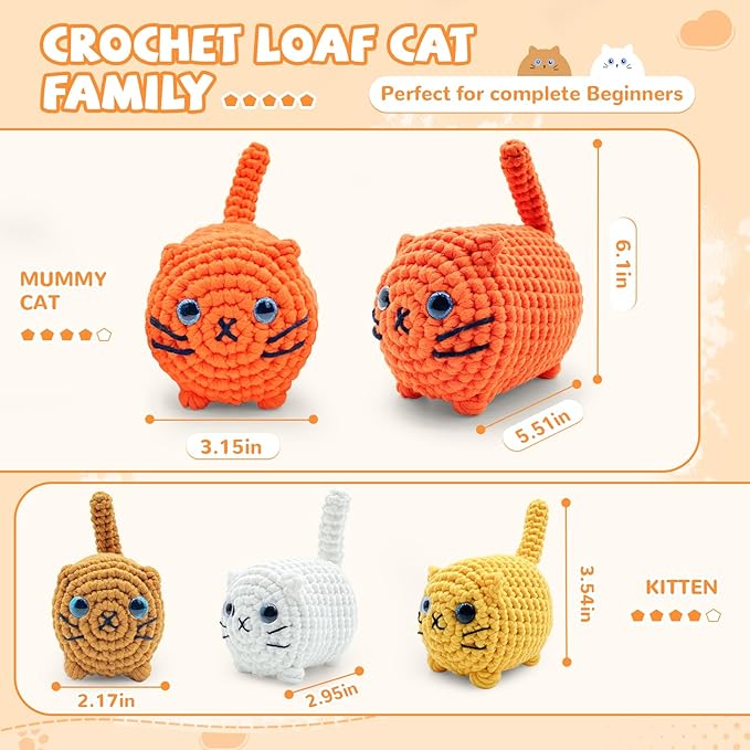 SGIBYN Crochet Kit for Beginners,Crochet Cat Kit with Step-by-Step Video Tutorials - DIY Amigurumi Loaf Cat Family, Easy Animals Craft Kit for Adults & Teens