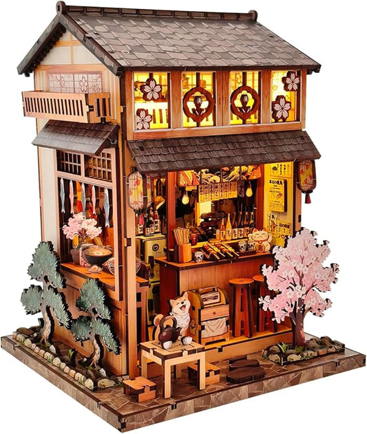 Soothee Japanese DIY Book Nook Kit with LED Lights - 3D Puzzles for Adults & Teens, Miniatures for Bookshelf Decor, Relaxing Craft & Unique Gift for Craft Lovers (Yakitori Grill House)