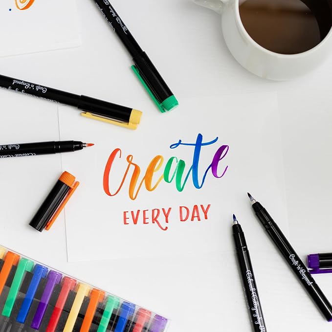 Craft 'n' Beyond Colored Calligraphy Brush Pens Waterproof Pack of 12 Markers for Hand Lettering, Art Drawing, Sketching, Scrapbooking, Writing, Journaling tip - Beginner Kit with Fadeproof Ink