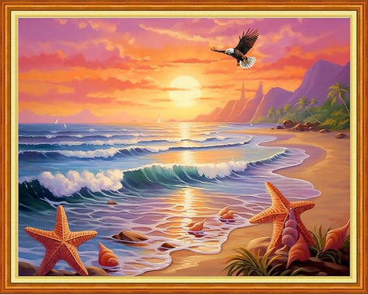 Dimensean Stamped Cross Stitch Kits Full Range of Embroidery Patterns Starter Kits for Beginners Adult DIY Cross Stitches Needlepoint Kits 11CT-Sunrise by The Seaside 16x20 inch