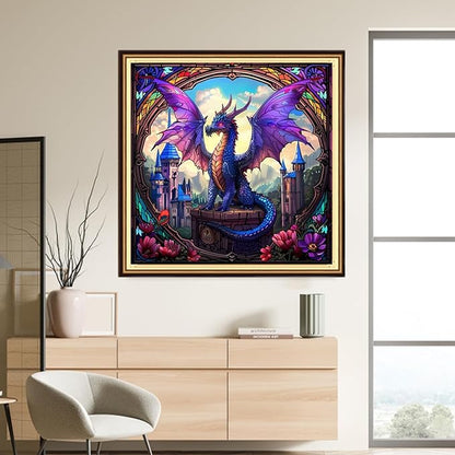 DMCVIVR Stamped Cross Stitch Kits for Adults Beginners Embroidery Kits 11CT Needlepoint Kits Cross Stitch Patterns Embroidery Patterns-Blue Wing Dragon Castle 18x18 inch