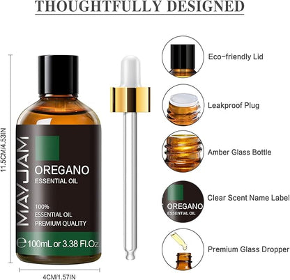 Oregano Essential Oil, MAYJAM Pure Essential Oils for Diffusers, 3.38FL.OZ/100ML Large Volume Oregano Oil with Premium Glass Dropper