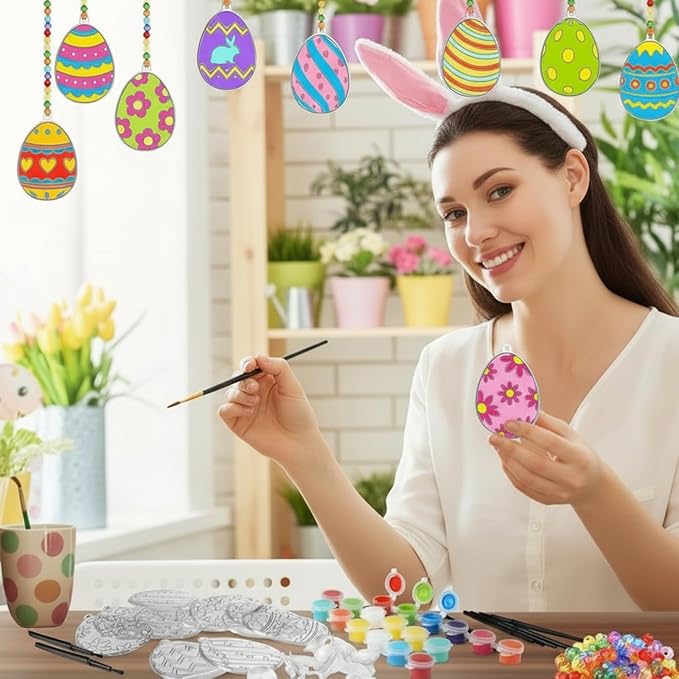 WinnerWhy 30 Sets Easter Suncatchers Window Art Kits, Egg Spring DIY Sun Catchers Bulk Crafts Paint Your Own Window Ornaments for Adult Easter Day Home Birthday Activity Party Decor