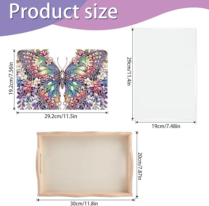 JISHSHAY Diamond Art Serving Tray Diamond Painting Food Tray Gem Art Serving Platter Gem Painting Mosaic Kits for Adults DIY Kits for Adults, with Wood Handle 20×30cm/7.87×11.81in, Butterfly