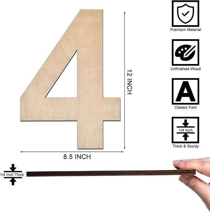 12 Inch Wooden Number 4, 1/4 Inch Thick Large Unfinished Wood Number for Home Wall Decor, DIY Crafts