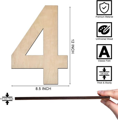 12 Inch Wooden Number 4, 1/4 Inch Thick Large Unfinished Wood Number for Home Wall Decor, DIY Crafts