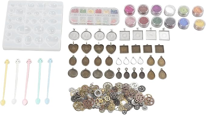 resins Jewelry Making Kit, DIY Pendant Silicone Kit with Dried Flowers and Gears, Reusable and to Demould, resins Mould Starter Kit for Beginners, Includes Various Sizes and Shap