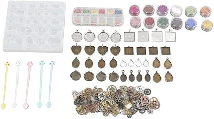 resins Jewelry Making Kit, DIY Pendant Silicone Kit with Dried Flowers and Gears, Reusable and to Demould, resins Mould Starter Kit for Beginners, Includes Various Sizes and Shap