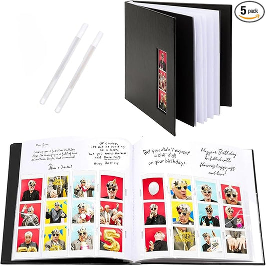 PBF (5 Pack) Photo Booth Album, Guest Book with 2x6 Clear Picture Inserts, Black Cover with Plastic Sleeves & White Pages, Scrapbook Album for Photo Strips, Memory Book, Wedding, and Baby Showers