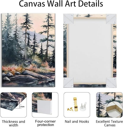 WENGTIAO 3 Pink Green Fog Forest Lake Canvas Wall art, Pine Watercolor Landscape Mural Sunset Misty Mountain Wall Pictures Posters Art Print for Living Room Bedroom Office Home Decor 12"x16"x3 Pcs