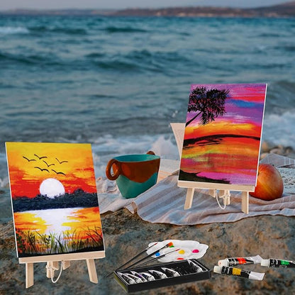Ctosree 72 Pcs Vivid Sunset Paint and Sip Kit for Adults 8'' x 10'' Pre Drawn Canvas for Painting DIY Pre Printed Canvas for Party Favor Afro Acrylic Painting Kit Wood Easel Brushes Date Night Bulk