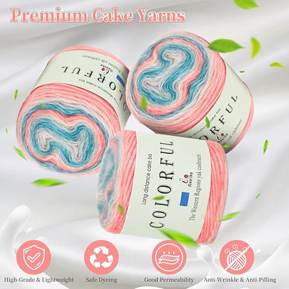 Aeelike Gradient Yarn for Crocheting, 3 Skeins Cake Yarns 100g (3.52 oz) 245m (267 Yards) # 3 Light Weight - Super Soft Ombré Fairyland Yarns for Making Colorful Crafts, Blue Pink Gradient