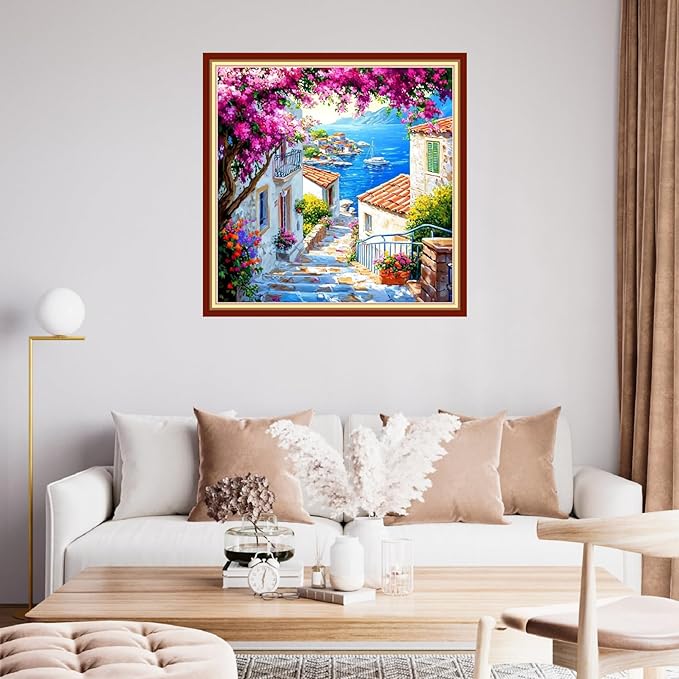 Fanxvivy Stamped Cross Stitch Kits for Beginners Full Range of Cross Stitching Preprinted Embroidery Kits for Adults, 11CT Embroidery Pattern Needlepoint Kits-Seaside Scenery 18x18 inch