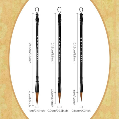 Zonon 3 Pieces Chinese Calligraphy Brush Pens Japanese Calligraphy Brush Sumi Drawing Brush Traditional Wooden Watercolor Ink Pens for Beginner Watercolor Painting Tools (3 Sizes)
