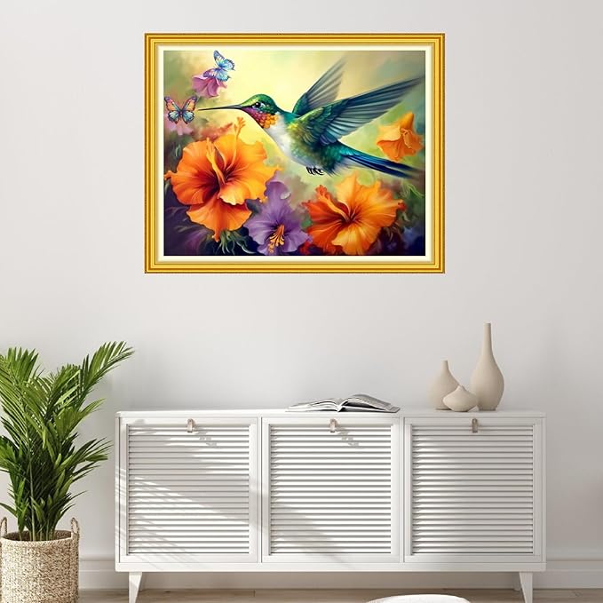 Foxhool Stamped Cross Stitch Kits,11CT Printed Cross Stitch Pattern Full Embroidery Kits for Beginner Needlepoint Kits-Hummingbirds Collect Honey 16x20 inchs