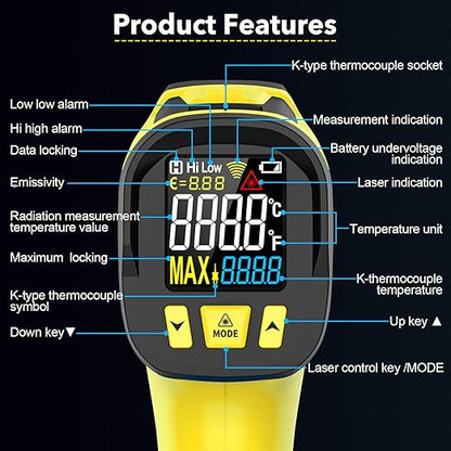 Infrared Thermometer Gun, Digital Laser Thermometrer Temperature Gun with Color LCD for Cooking, Pizza Oven, HVAC, IR Temp Gun with K-Probe, Adjustable Emissivity,-40°F to 1472°F(-40~800°C)