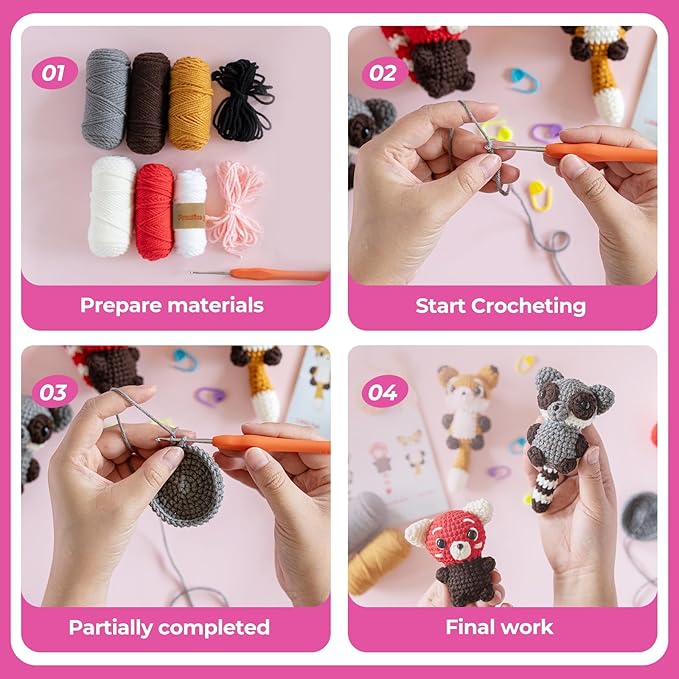 MOREJMTT Crochet Kit for Beginners, Crochet Animal Kits,Crocheting Kit for Starters with Step-by-Step Video Tutorials, Knitting kit (3Pack Forest Animals)
