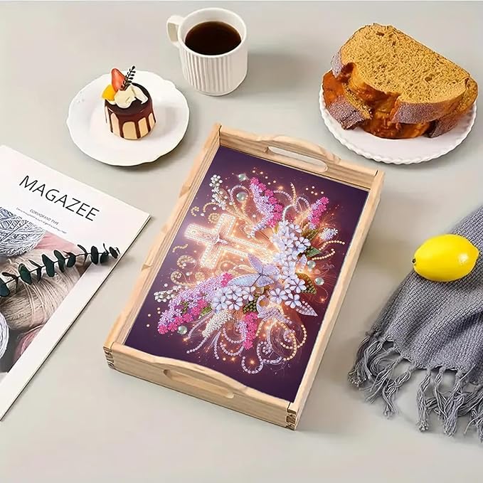 DoxQcs DIY Diamond Art Wooden Tray Kit Easter Food Tray with Handle Diamond Painted Table Decoration Tray for Breakfast Bar Dinner Table Diamond Art Painting for Beginners-#14-Glowing Cross