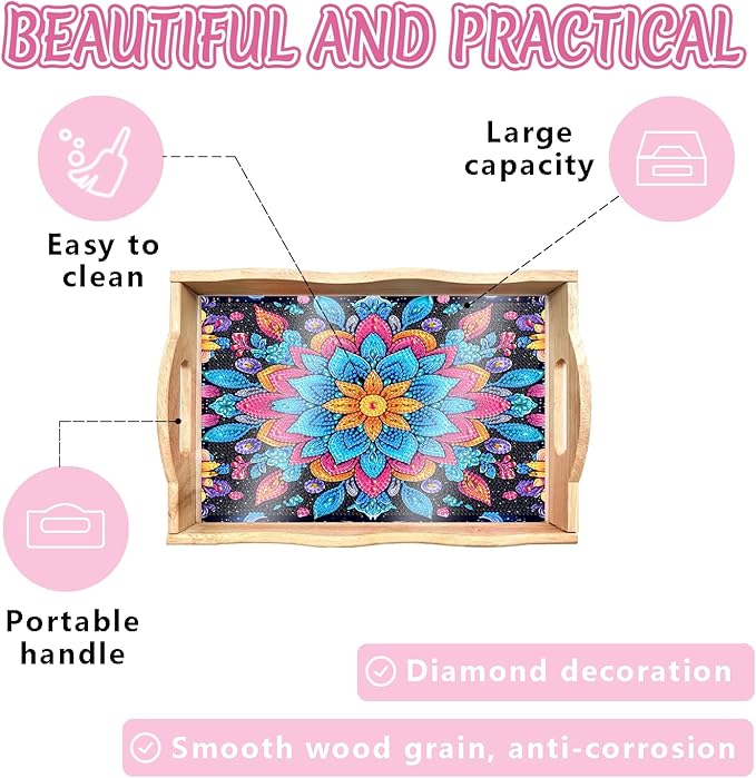 DOTSOPS DIY Diamond Painting Serving Tray with Handle for Adults 5D Diamond Art Kits for Beginners Full Drill Diamond Dots Gem Arts and Crafts Special Shape Living Room 12 x 16 Inches Mandala