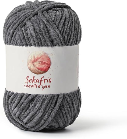 Dark Gray Chunky Chenille Yarn for Crocheting, Bulky Velvet Yarns for Crochet, Baby Yarn for Crocheting Soft Blanket, 131yds /3.53 oz Fluffy Amigurumi Crochet Yarn