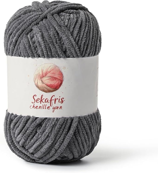 Dark Gray Chunky Chenille Yarn for Crocheting, Bulky Velvet Yarns for Crochet, Baby Yarn for Crocheting Soft Blanket, 131yds /3.53 oz Fluffy Amigurumi Crochet Yarn