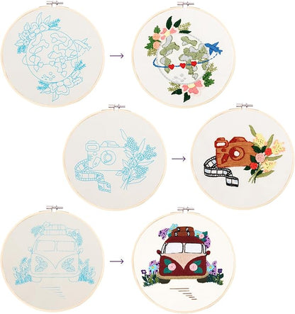 Looples Embroidery Kit for Beginners and Adults with Video Tutorials – DIY Starter Kit with 3 Stamped Floral Patterns, Hoops, Threads, Needles, and Instructions (Car, Globe and Camera)