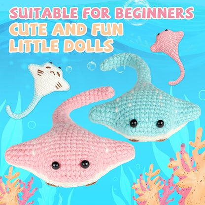 MOREJMTT Crochet Kit for Beginners, Crochet Animal Kits,Crocheting Kit for Starters with Step-by-Step Video Tutorials, Beginner Crochet Kits for Adults(2pack Ray Fish)