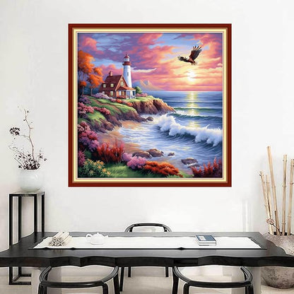 Joyhoor Stamped Cross Stitch Kits for Beginners Needlepoint Kits for Adults Embroidery Kits 11CT Counted Cross Stitch Kits Printed Embroidery Pattern-Seaside Lighthouse 18x18 inchs