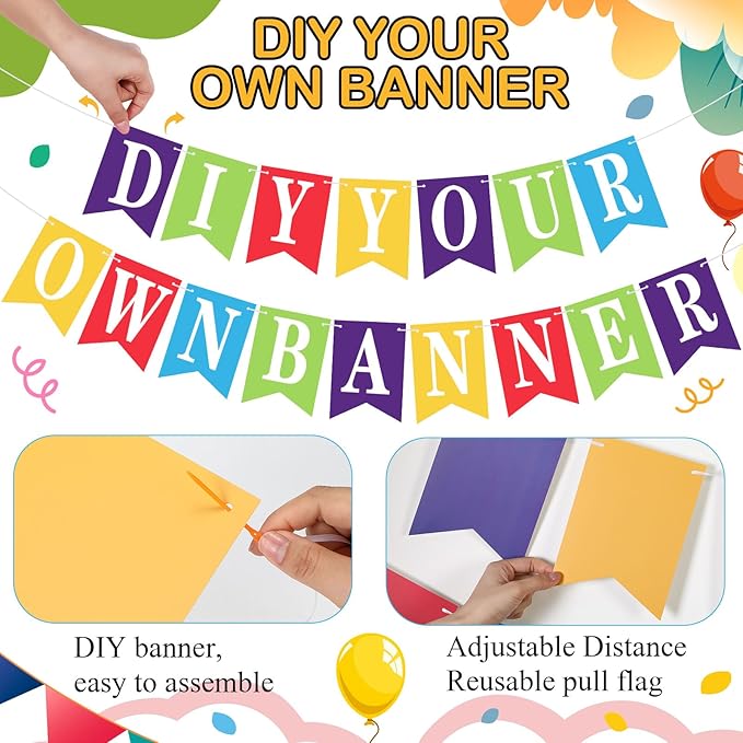 Mooliwe 171 Pcs DIY Custom Banner Kit Make Your Own Customizable Sign for Birthday Wedding Party Decoration Include 20 Paper Pennant 148 Letters and Numbers 1 Rope 2 Threading Device(Rainbow)