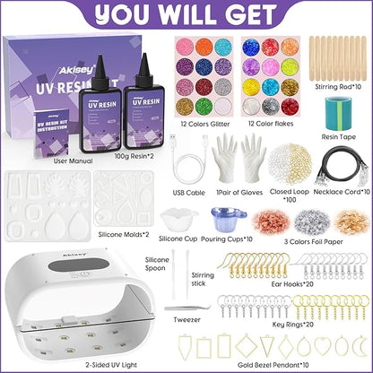 Akisey UV Resin Jewelry Making Kit, 200g Clear UV Resin Glue with Two-Sided Light & Molds, Starter Kit for Making Jewelry, Earring, Necklaces, Keychains
